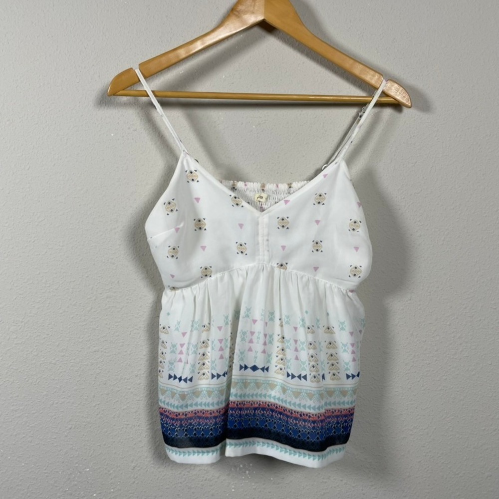 Hollister Babydoll Cami Womens Small White Geometric Tribal Print Smocked Top